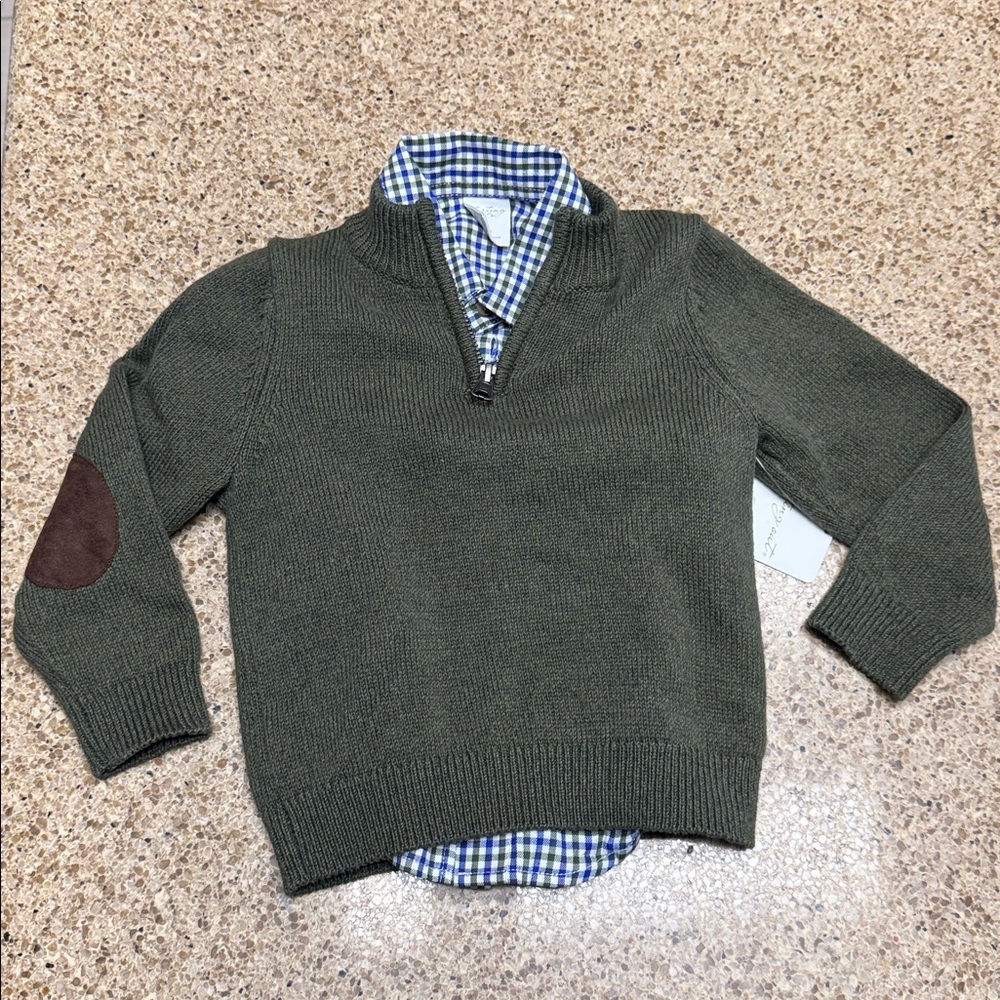 Starting Out Boy’s Quarter Zip Sweater with Brown Elbow Patches & Check Shirt